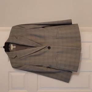 Grey, black & navy pinstripe plaid 3 piece business suit by Amanda Suits